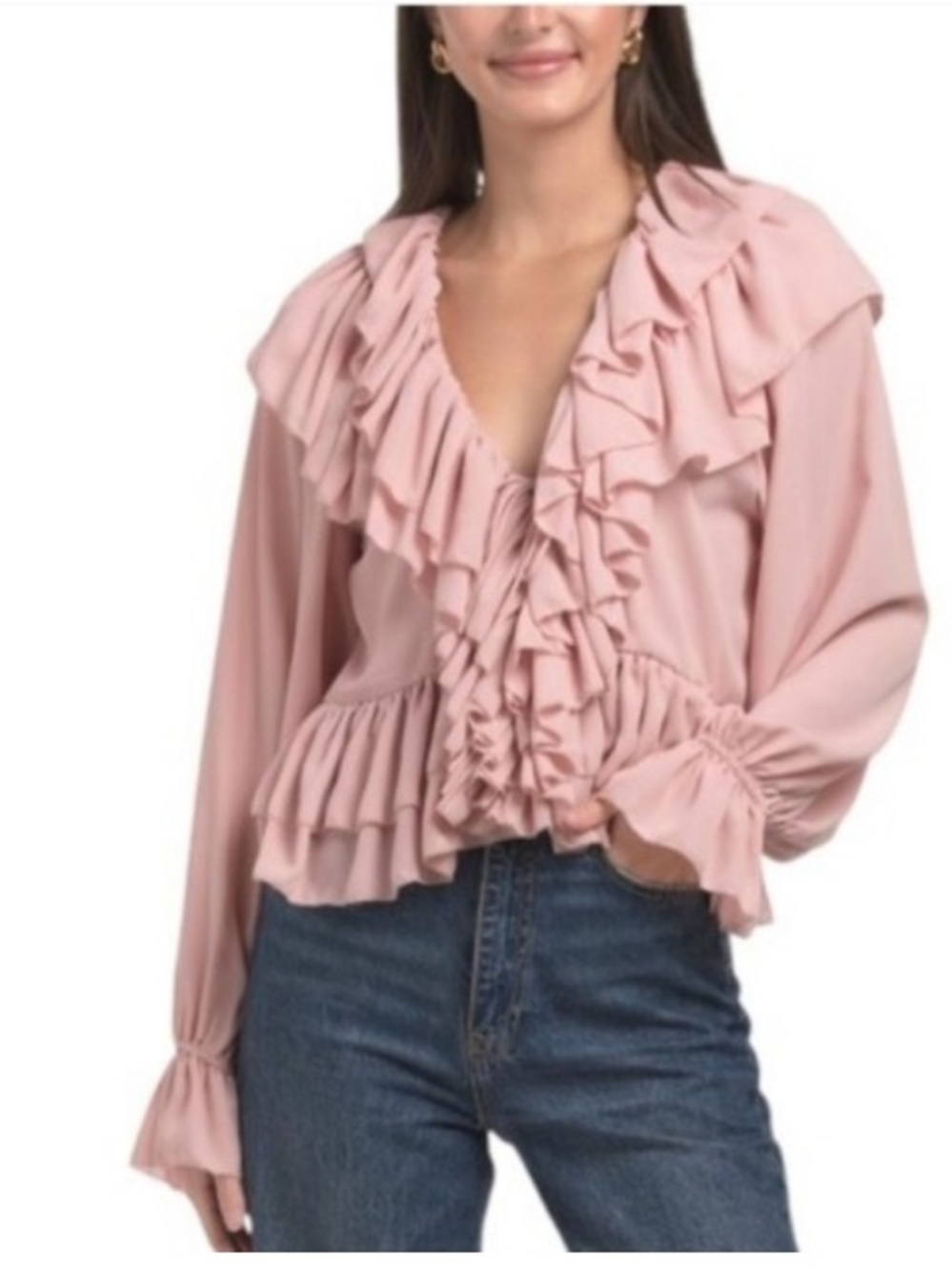 NWT Ronny Kobo Soraya Ruffle Pink Long Sleeves Deep V-Neck Small